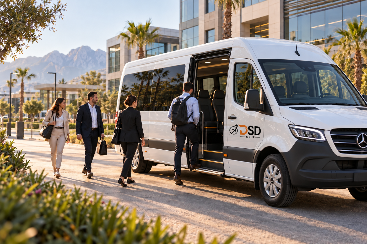 DSD Grup logolu Mercedes-Benz Sprinter personel servis aracına binen çalışanlar